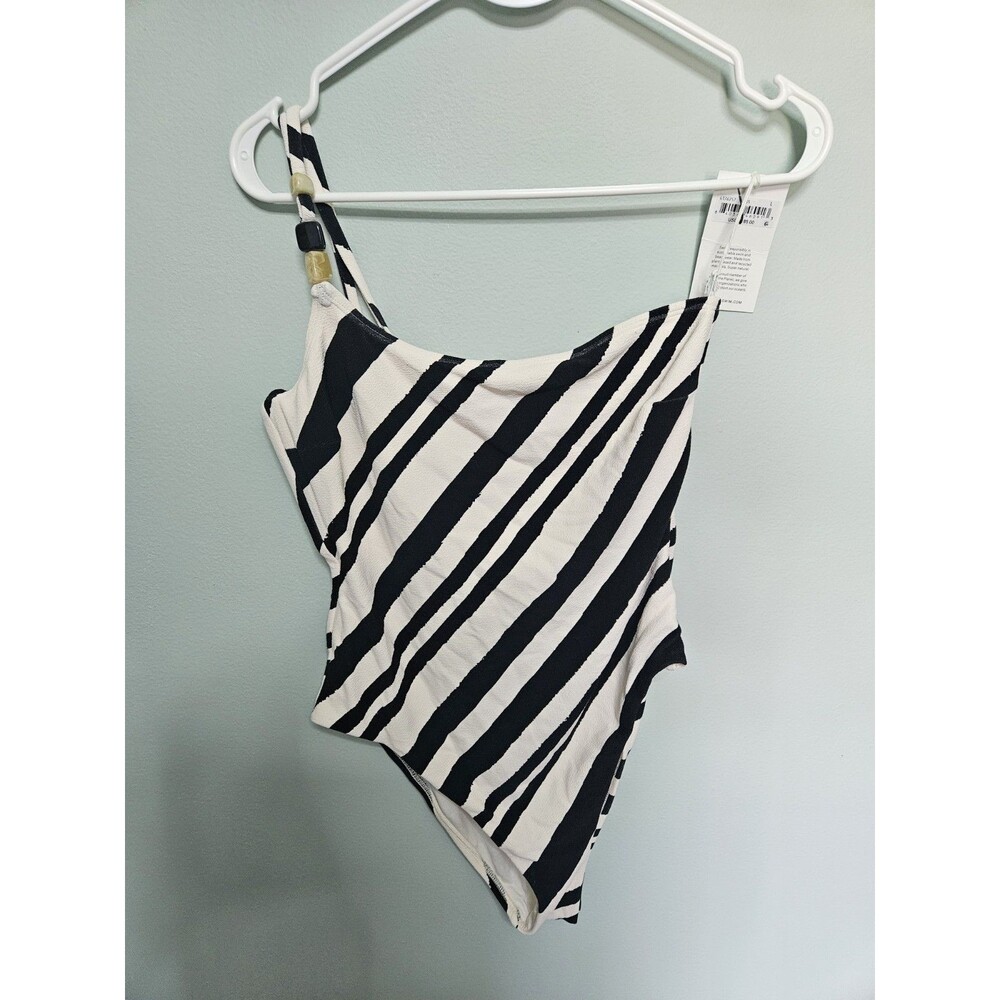 Sz L - Vitamin A swimwear one piece One Shoulder Black And White Stripes